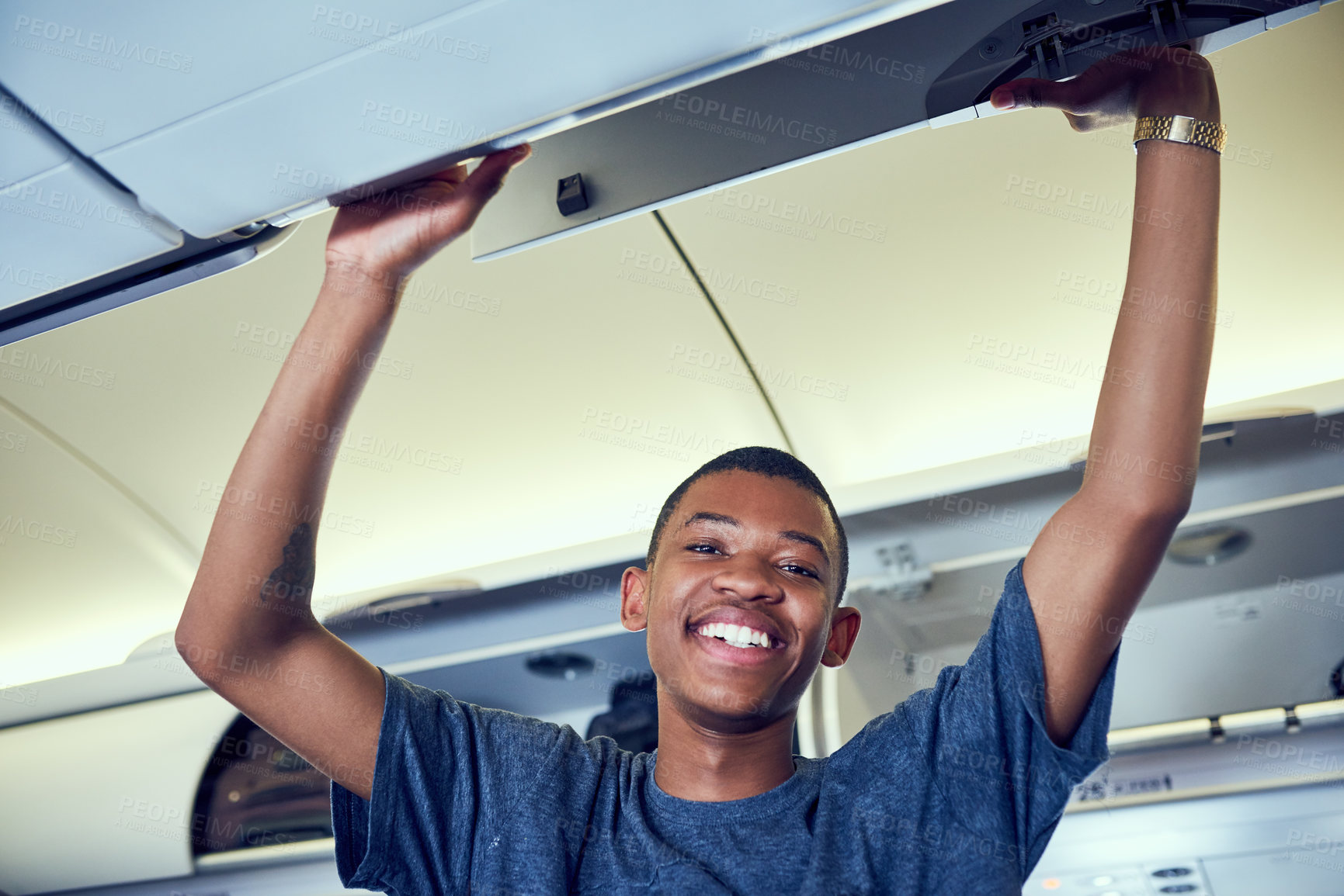 Buy stock photo Airplane, portrait and black man with bag in cabin for travel, international journey and global commute. Transport, passenger and boarding aeroplane with luggage for holiday, adventure and vacation