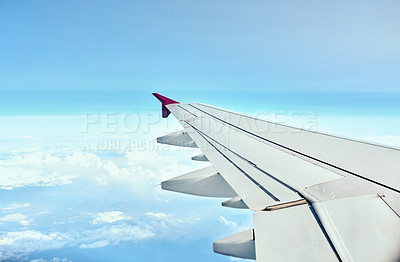 Buy stock photo Airplane, wing and outdoor in air, flying and travel to California, international and journey for adventure. Transport, global and flight in sky, world and jet to location, destination and aircraft