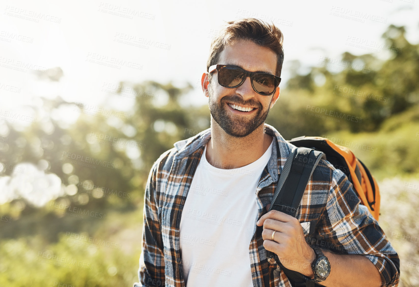 Buy stock photo Nature, sunglasses and man hiking on vacation for adventure, travel or journey with backpack in New Zealand. Happy, portrait and person trekking on outdoor trail or path on holiday or weekend trip.