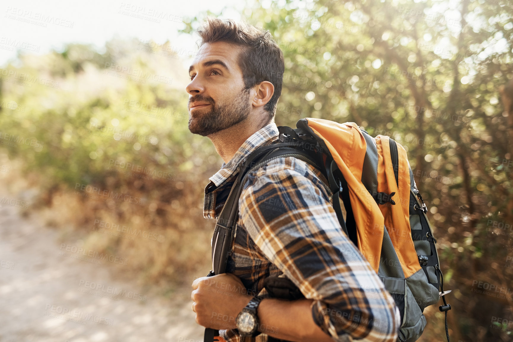 Buy stock photo Hike, nature and man with smile, journey and backpack with vacation, travel and exercise. Japan, outdoor and hiker in forest, happy and wellness with fitness, healthy and adventure with holiday