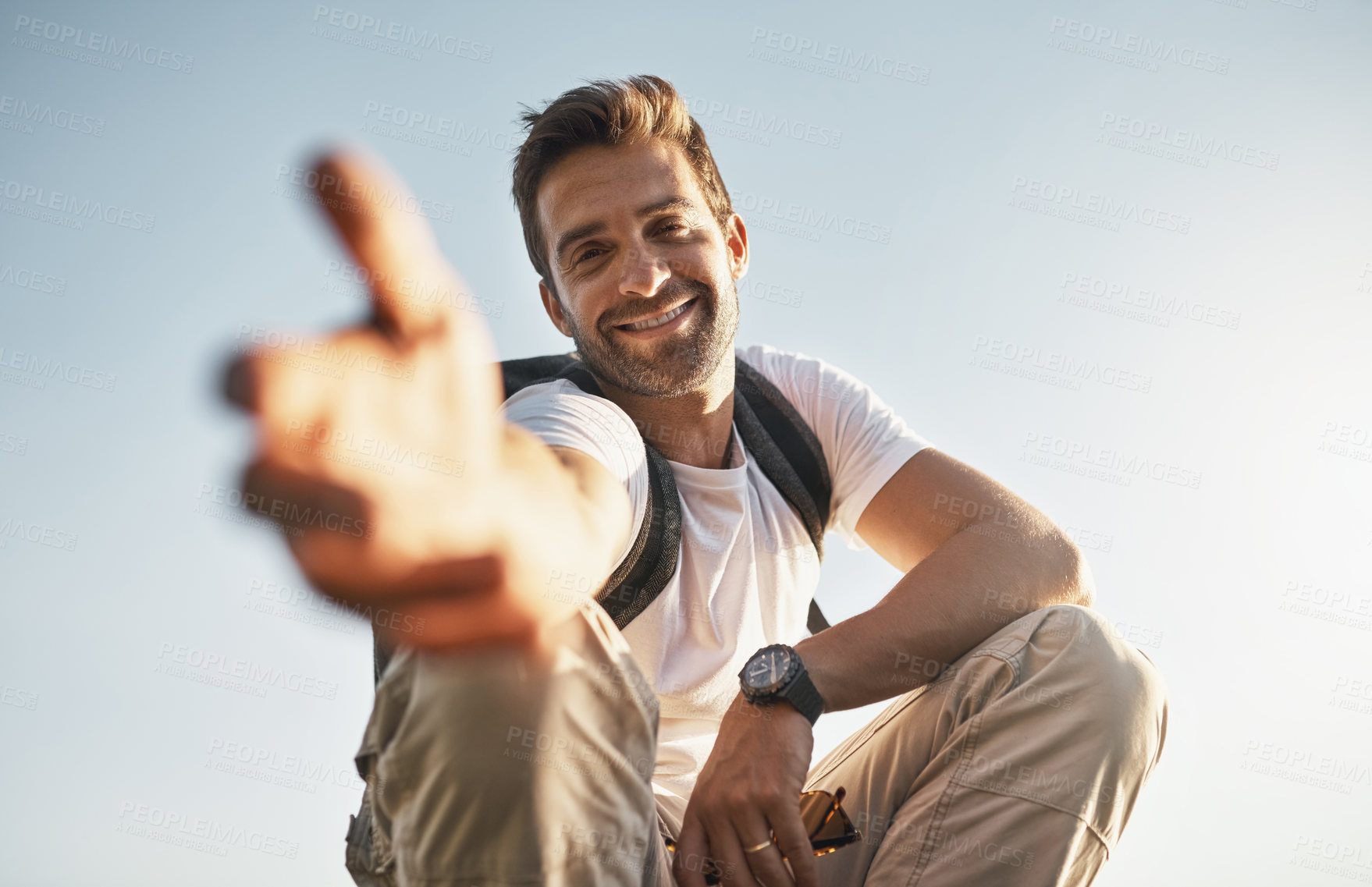 Buy stock photo Man, pov and hand in portrait for hiking, help and support for adventure, fitness and travel on vacation. Person, guide or coach with open palm for climbing, trekking or outdoor on holiday in Greece