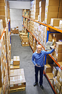 Buy stock photo Tablet, portrait or top view of man in warehouse for delivery boxes, storage or stock in factory for website. Printing, manager or supply chain inspection for cargo, package or wholesale shipping
