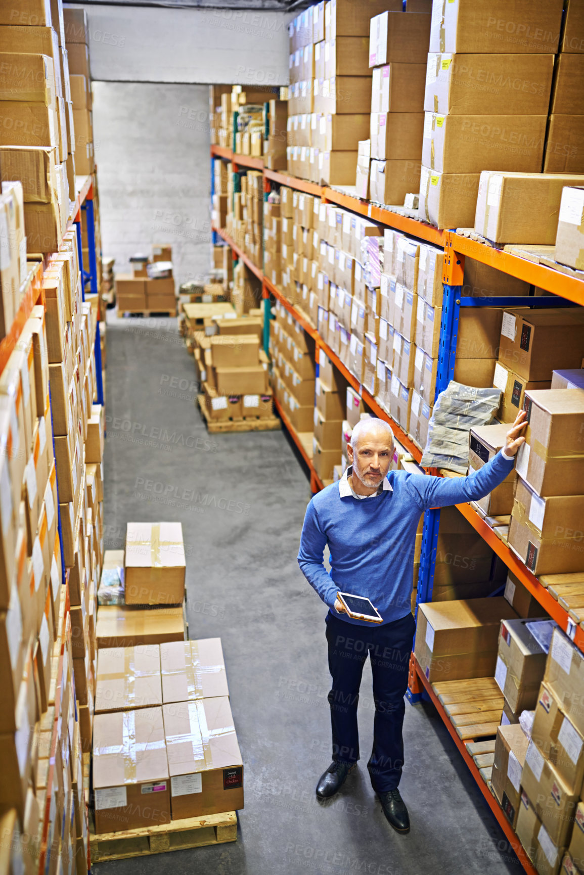 Buy stock photo Tablet, portrait or top view of man in warehouse for delivery boxes, storage or stock in factory for website. Printing, manager or supply chain inspection for cargo, package or wholesale shipping