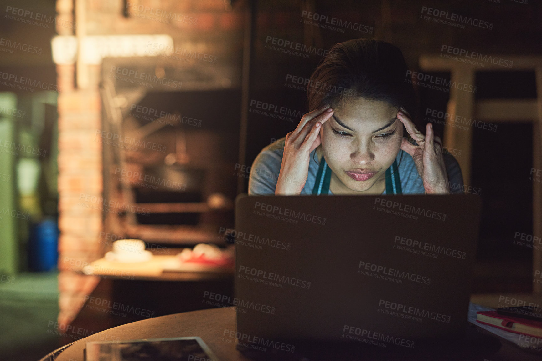 Buy stock photo Workshop, laptop and woman with headache, burnout and night with deadline and ceramic invoice problem. Issue, online and frustrated business owner with stress and anxiety from work on a computer