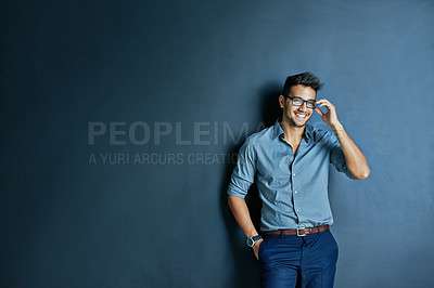 Buy stock photo Happy business man, wall background and space with smile, portrait and fashion for entrepreneur in mockup. Excited businessman, holding glasses or smile for career, vision or entrepreneurship mock up