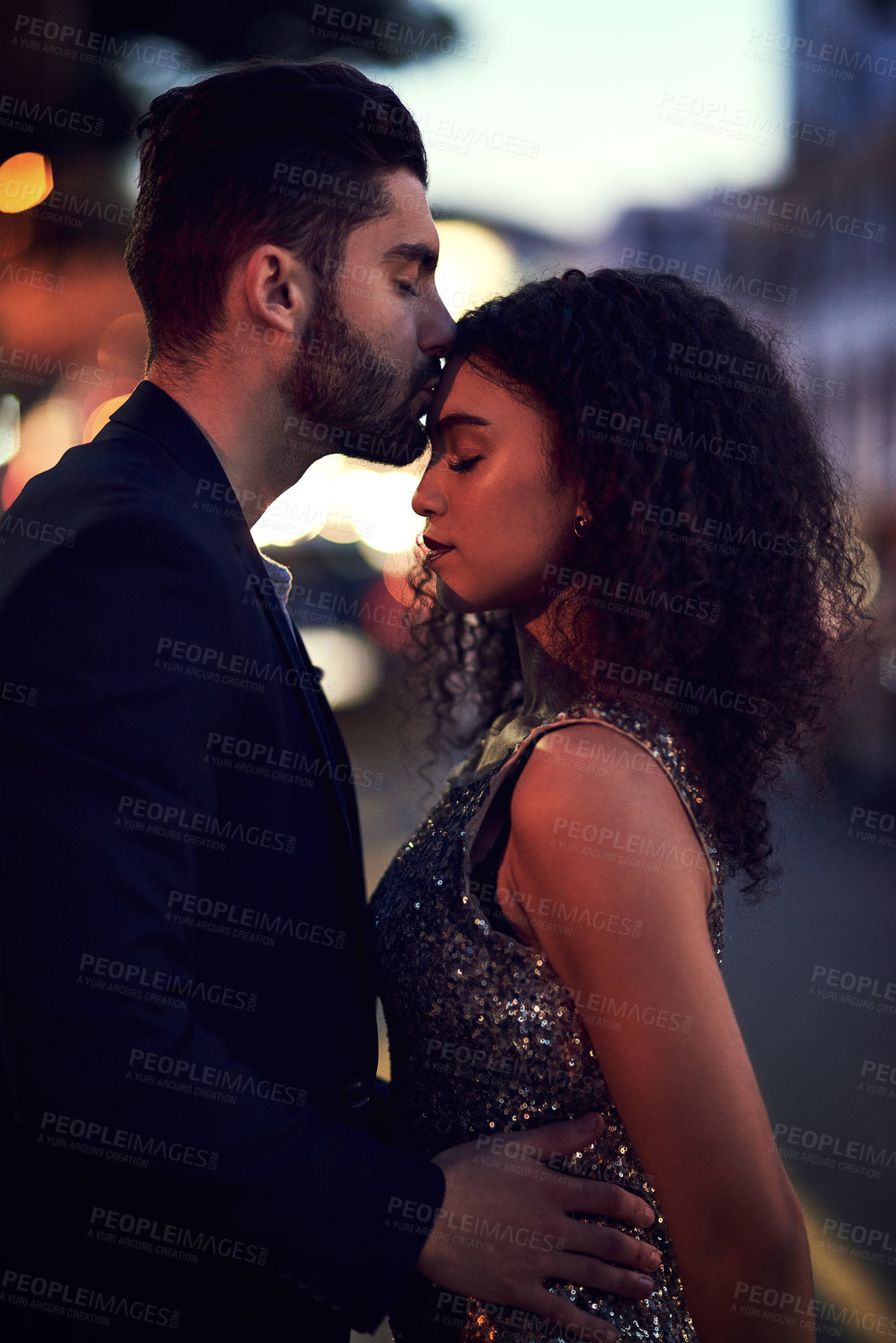 Buy stock photo Couple, night and kiss for valentines day date in dark city with love, care and romance in Italy. Young man and woman hug outdoor with bokeh lights urban background for romance, diversity and holiday