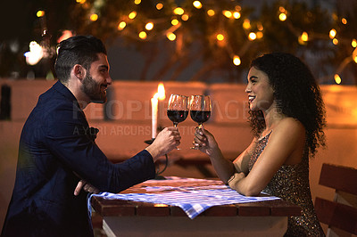Buy stock photo Love, wine and toast of couple on date for fine dining, restaurant or night valentine celebration together. Happy black woman with romance partner alcohol glass, celebrate and luxury in night bokeh