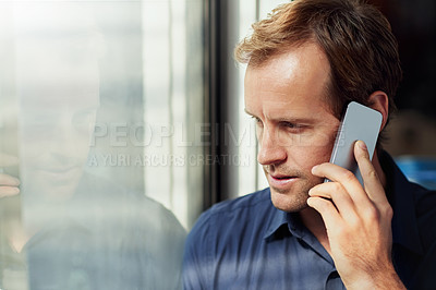 Buy stock photo Serious, businessman and office talking on smartphone for communication, planning and information for project growth. Professional, male person and digital technology for finance report on company
