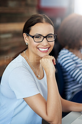 Buy stock photo Portrait, woman and smile in workplace for startup, project and internship in company office. Female employee, happy and planning for design, strategy and creative collaboration for development.