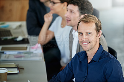 Buy stock photo People, meeting and portrait with smile in office for team at table with planning in business. Businesspeople, desk and agency with collaboration for strategy with communication, company and teamwork