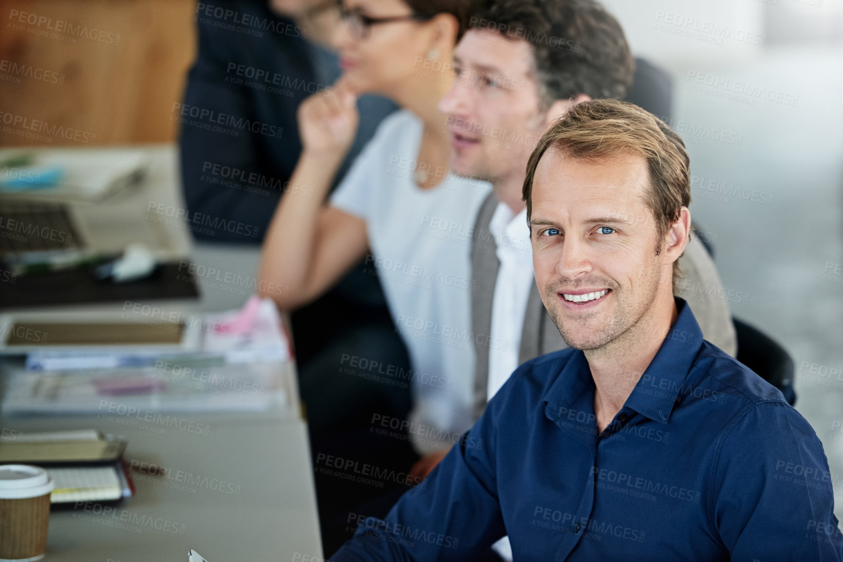 Buy stock photo People, meeting and portrait with smile in office for team at table with planning in business. Businesspeople, desk and agency with collaboration for strategy with communication, company and teamwork