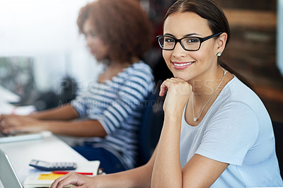 Buy stock photo Portrait, woman and smile in office for internship, project and startup company workplace. Female employee, happy and planning for teamwork, design and creative collaboration for development