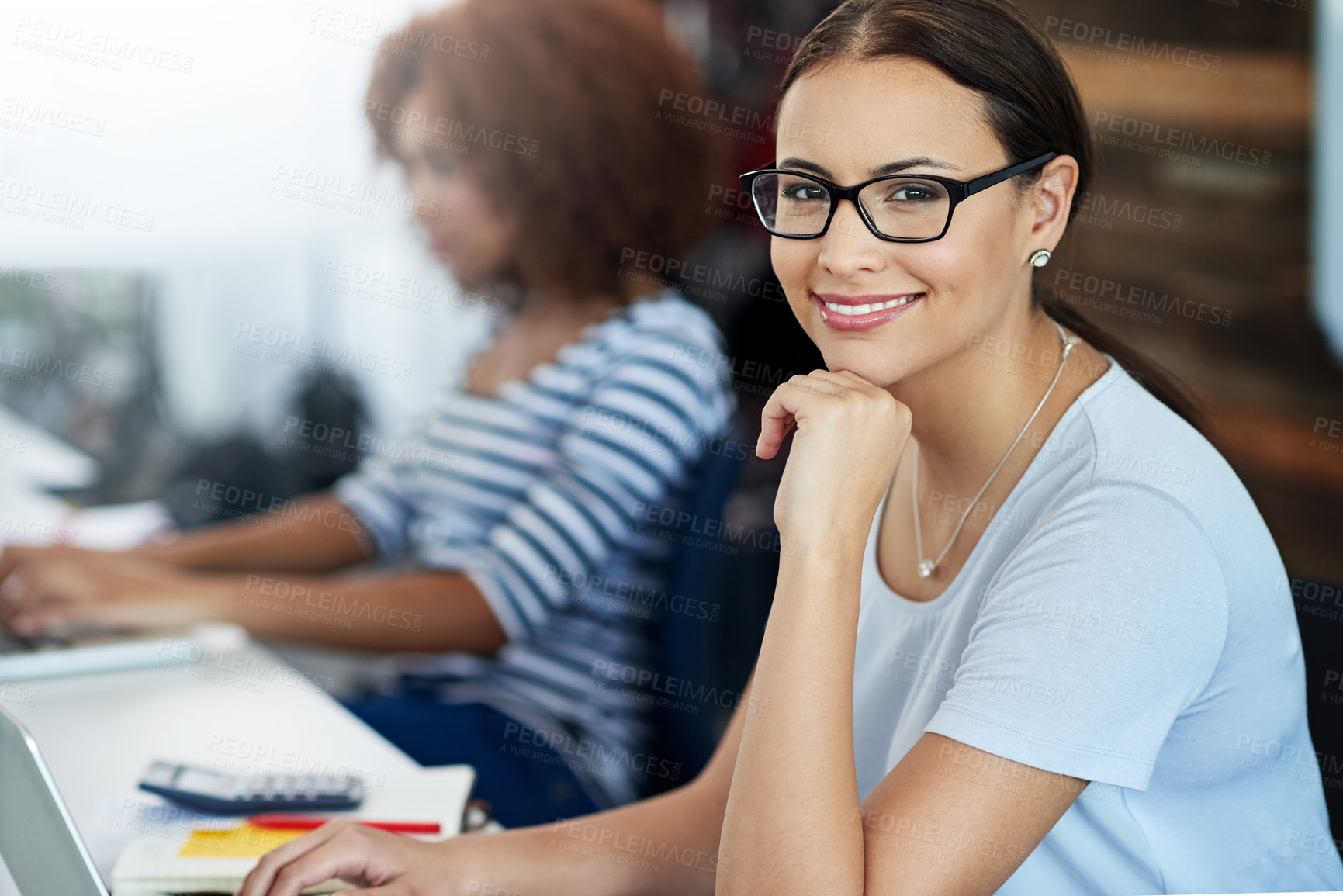 Buy stock photo Portrait, woman and smile in office for internship, project and startup company workplace. Female employee, happy and planning for teamwork, design and creative collaboration for development