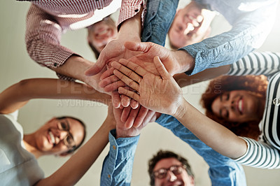 Buy stock photo Portrait, hands and staff together, stack and collaboration with team building, support and solidarity. Face, group and coworkers with teamwork, partnership and motivation with success and growth