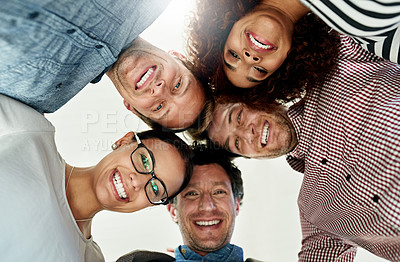 Buy stock photo People, startup or staff in huddle portrait for collaboration, support or solidarity in low angle. Happy, group or designers with teamwork, partnership or business for about us, community or growth