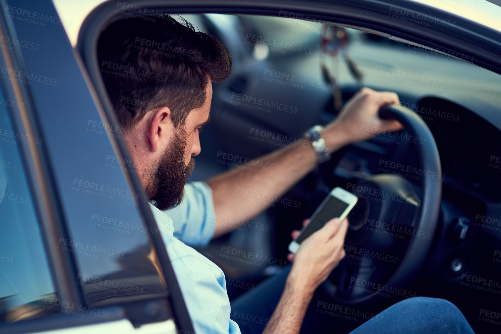 Buy stock photo Car, phone and travel with driver man reading app for directions, map or navigation to destination. Driving, location and transport with person in vehicle to search route on mobile for journey