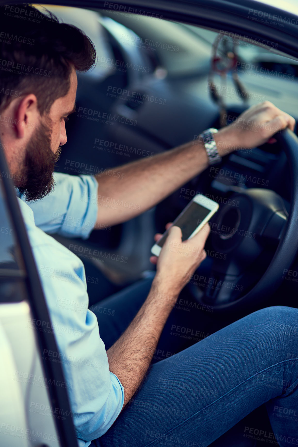 Buy stock photo Car, businessman and screen of smartphone for direction, location and mobile application for information. Male driver, cellphone and technology for navigation, scrolling and browsing  while driving