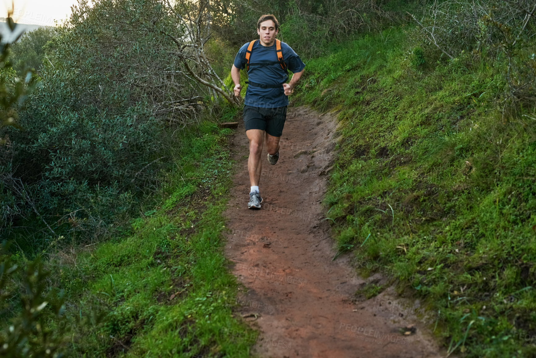 Buy stock photo Full length shot of a handsome male athlete running on a forest trail