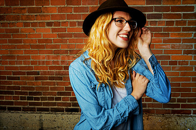 Buy stock photo Woman, outdoor and confident fashion by brick wall, pride and glasses or accessories for outfit. Female person, street and gen z or casual designer aesthetic, clothes and weekend travel on mockup