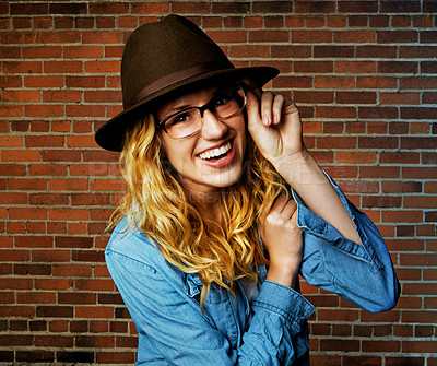 Buy stock photo Woman, portrait and confident fashion by brick wall, pride and glasses or accessories for outfit. Female person, street and gen z or casual designer aesthetic, outdoor clothes and weekend travel