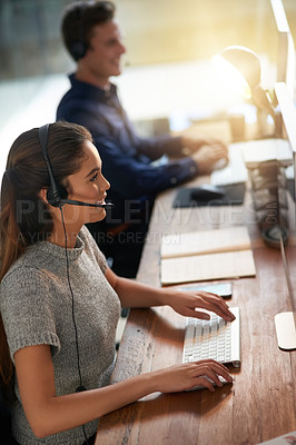 Buy stock photo Woman, man and computer for call center agent, communication and happy for talking, typing and helping. Telemarketing team, consulting or smile for customer service, help desk and pc for tech support