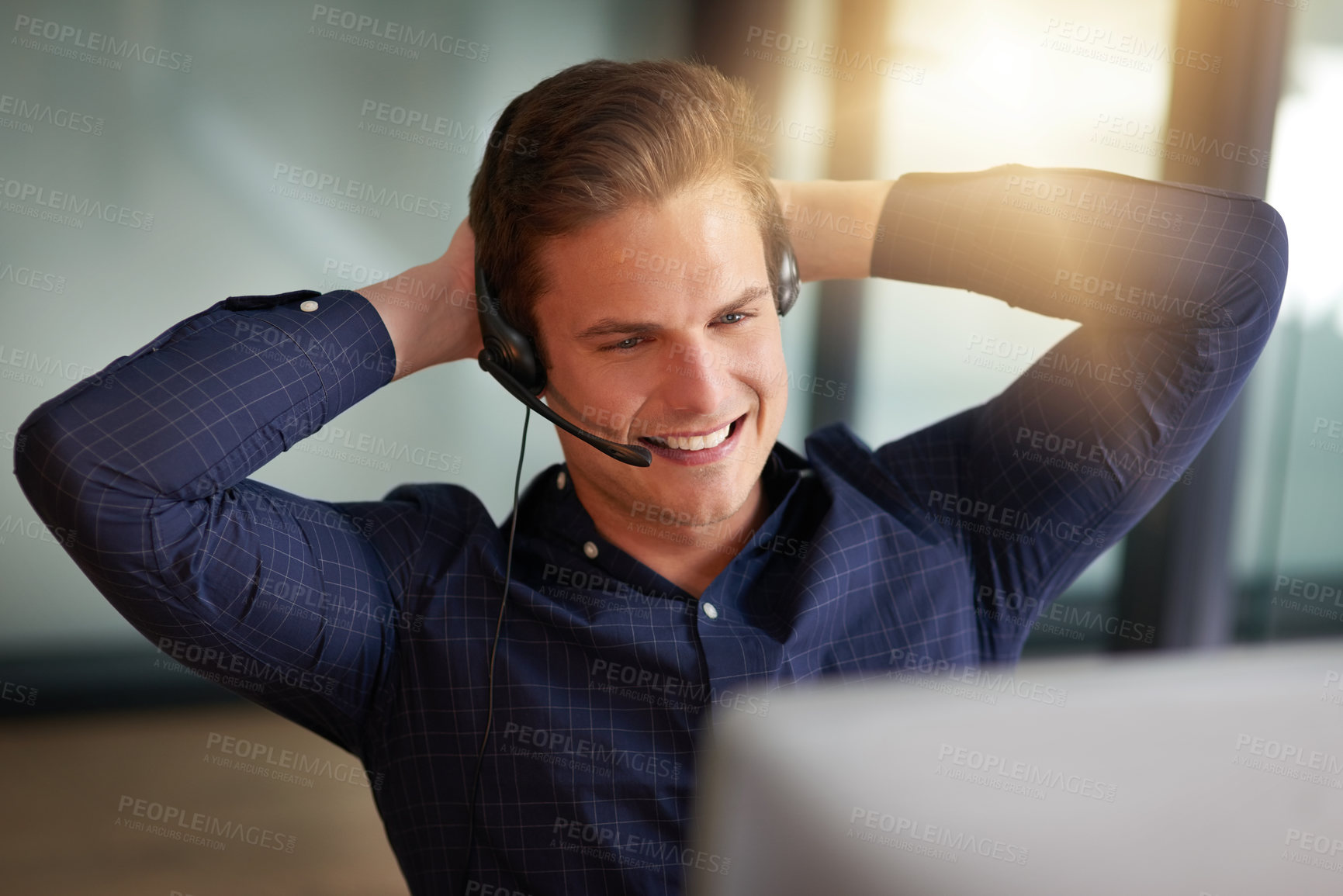 Buy stock photo Call center, contact us and businessman stretching with relief in office for crm, faq and b2b networking success. Telecom, smile or lead generation consultant with positive customer experience survey