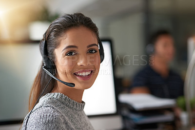 Buy stock photo Call center, smile and portrait of woman at computer for customer service, help desk and consulting. Happy, mockup and ecommerce with employee in office for contact us, telemarketing and receptionist