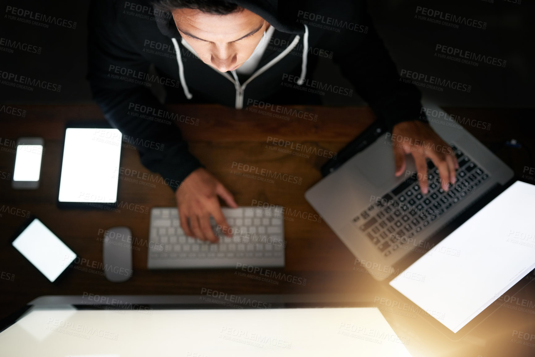 Buy stock photo Hacker, computer and screen for cybersecurity crime, digital of money for online. Technology, fraud or ransomware developer for coding mockup, male person and professional at night with programmer