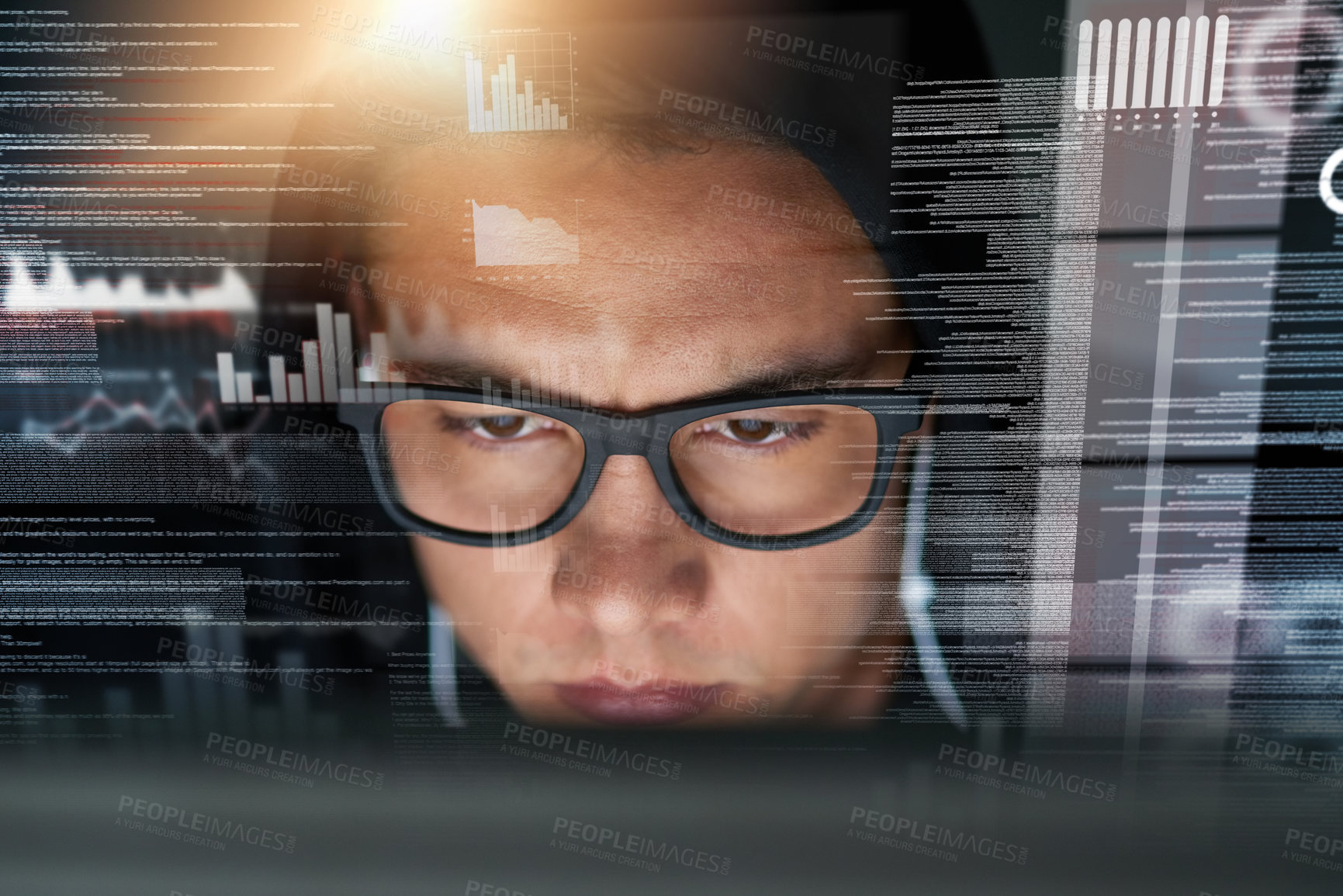 Buy stock photo Hacker, overlay and screen for cybersecurity crime, digital and computer. Technology, fraud and ransomware developer for phishing, male person and data base at night and network for programmer