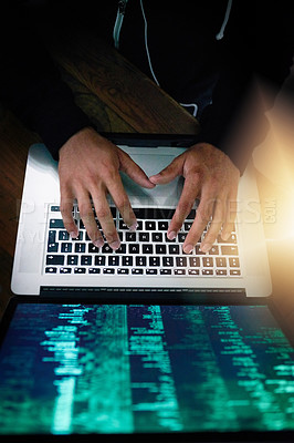 Buy stock photo Hands, laptop and overhead with a man programmer coding while typing on a keyboard for software development. Computer language, information technology and cyberspace with a male coder in the office