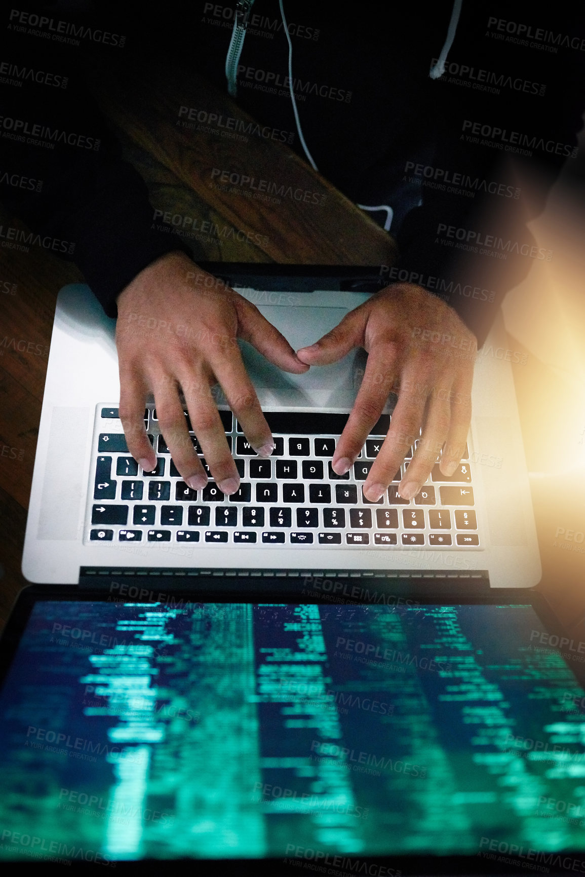 Buy stock photo Hands, laptop and overhead with a man programmer coding while typing on a keyboard for software development. Computer language, information technology and cyberspace with a male coder in the office