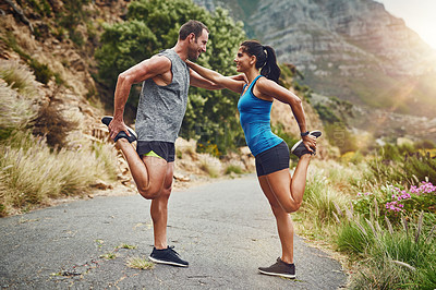 Buy stock photo Healthy, couple and fitness with stretching on mountain for race, preparation and training for marathon. Happy, man and woman with exercise in nature for cardio, flexibility or workout in New Zealand