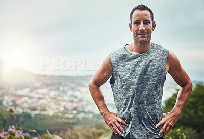 Buy stock photo Portrait, fitness and man training in outdoors as runner for marathon competition with exercise, workout or cardio on mountain. Strong, male athlete and nature for wellness, running or training goal