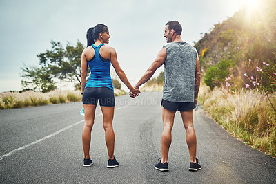 Buy stock photo Fitness, back and couple on street for exercise with holding hands, nature adventure and training for sports competition. Palm together, man and woman with run workout for marathon and strong body