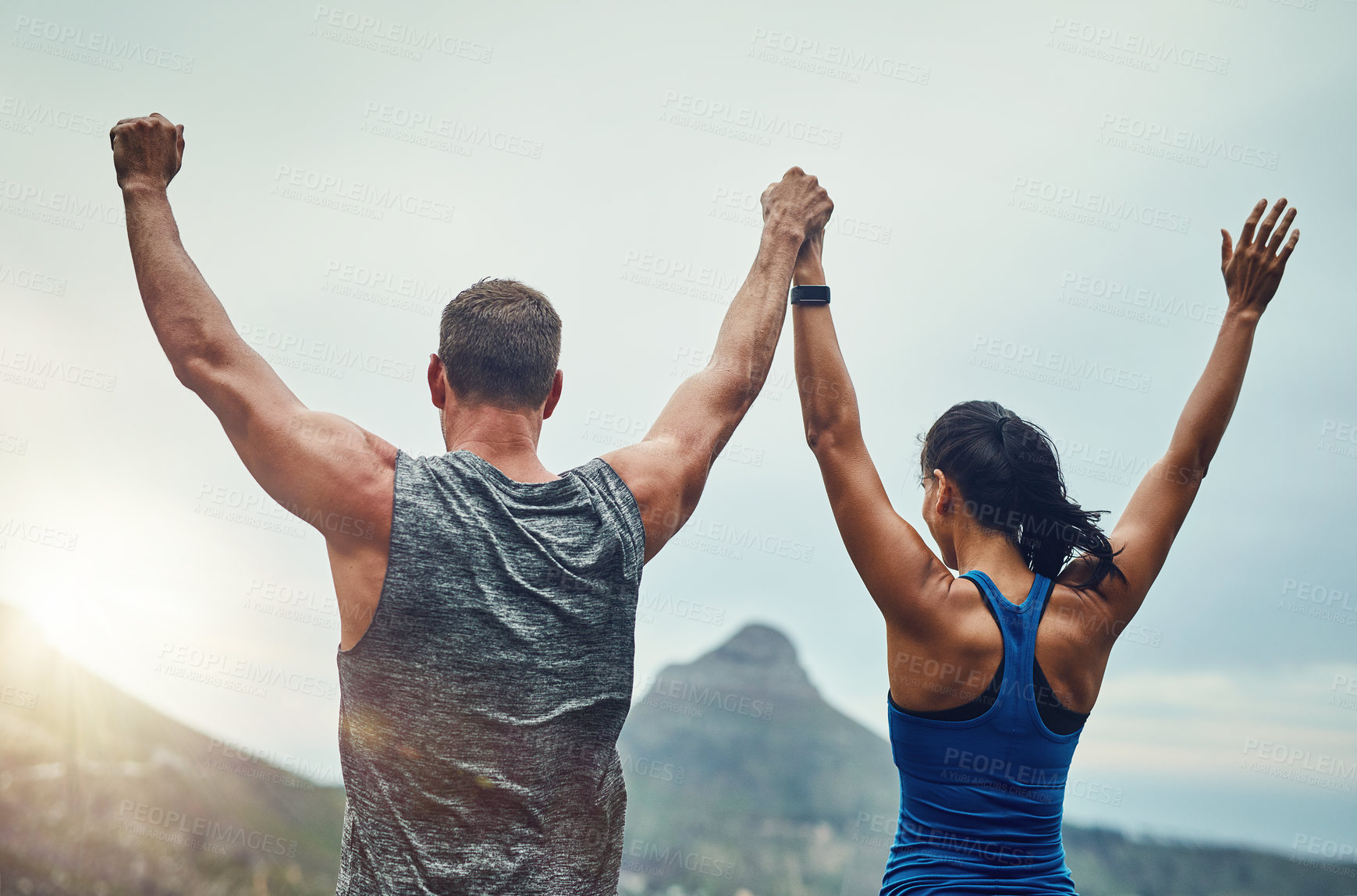 Buy stock photo Couple, celebration and arms up in nature for training, workout or exercise to run a marathon, competition or tournament. People, winning and happy for freedom, sports goal or achievement