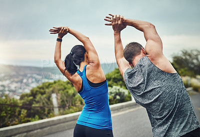 Buy stock photo Training, couple and stretching arms outdoor in morning for benefits to health, wellness and fitness. People, prepare and start exercise with resilience in summer challenge or flexible muscle in back