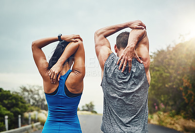 Buy stock photo Couple, training and stretching arms outdoor in morning for benefits to health, wellness and fitness. People, prepare and start of workout with resilience in summer challenge and muscle in back