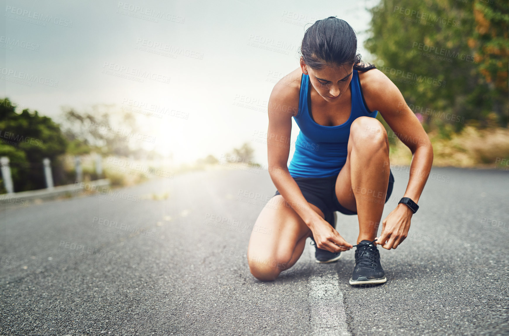 Buy stock photo Fitness, woman and hands tie shoes for exercise with morning run, strong body and sports training for health. Athlete girl, sneakers and prepare laces on asphalt for start workout and performance