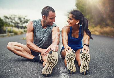 Buy stock photo Fitness, health and athlete stretch with personal trainer on ground outdoor for marathon preparation. Sports, coach and woman with warm up for muscle flexibility, cardio workout and exercise