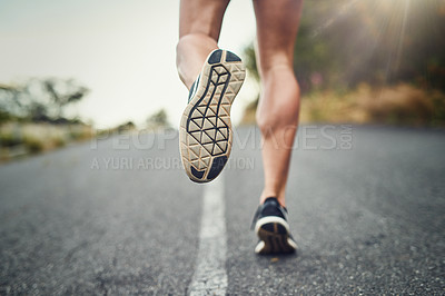 Buy stock photo Legs, running and fitness or back shoes, road and cardio exercise with runner or athlete for marathon training. Challenge, workout and speed performance, sole and trainers outside for wellness