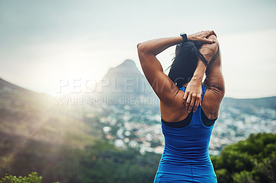 Buy stock photo Woman, training and runner stretching on mountain in morning for benefits to health, wellness or arms. Athlete, prepare and back of workout for resilience in summer challenge with progress in fitness