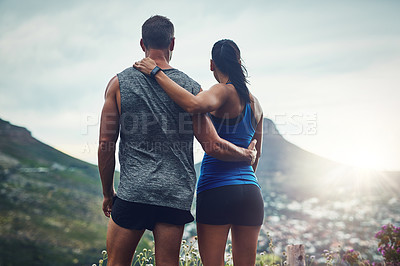 Buy stock photo Fitness, couple and hug on mountain for outdoor marathon, running and training as team. Wellness, man and woman together outside in nature with love for health, exercise and adventure or cardio