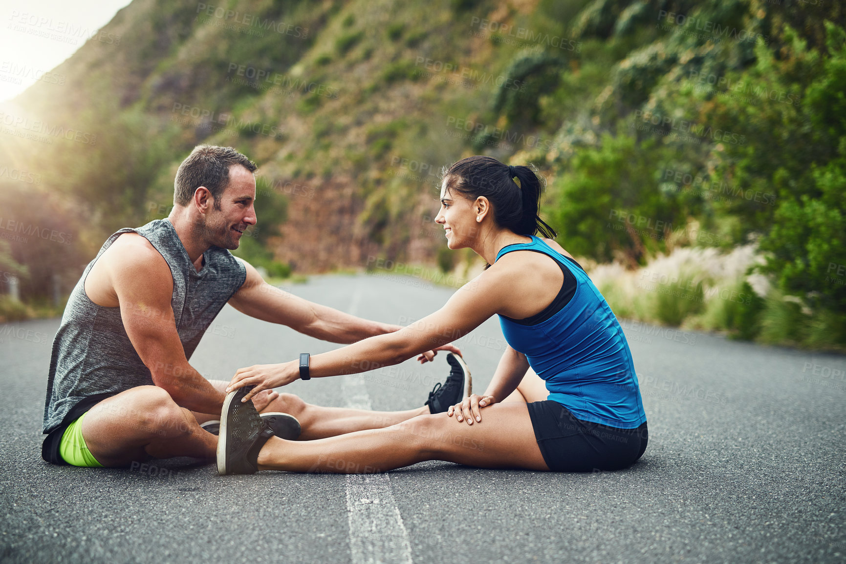 Buy stock photo Fitness, health and couple for stretch before running for marathon preparation outdoor on street. Sports, man and woman with warm up for cardio workout, exercise and training with personal trainer