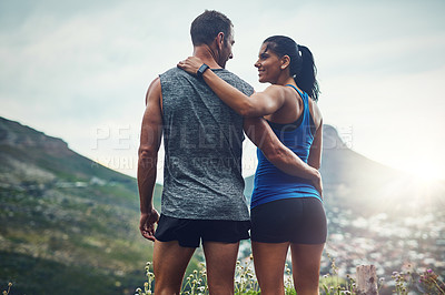 Buy stock photo Fitness, couple and hug on mountain for outdoor marathon, running and training as team. Wellness, man and woman happy outside in nature with love for health, exercise and adventure or cardio