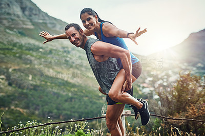 Buy stock photo Couple, people and happy on piggyback for fitness, workout and exercise with health. Relationship, portrait and running with routine or activity for wellbeing, wellness and self care in Spain