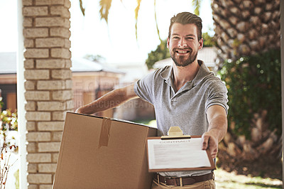 Buy stock photo Delivery man, package and documents for home courier, product supplier and contract signature or happy services. Portrait of logistics worker offer, giving paper and clipboard or checklist with box