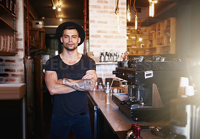 Buy stock photo Man, portrait and arms crossed as coffee shop barista for customer service, confidence or small business. Male person, entrepreneur and cafe employee or restaurant waiter as owner, welcome or machine