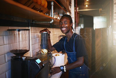 Buy stock photo Happy, coffee shop and portrait of black man in cafe for serving caffeine, drinks and beverage for small business. Restaurant, hospitality and confident waiter by counter for service, help or welcome