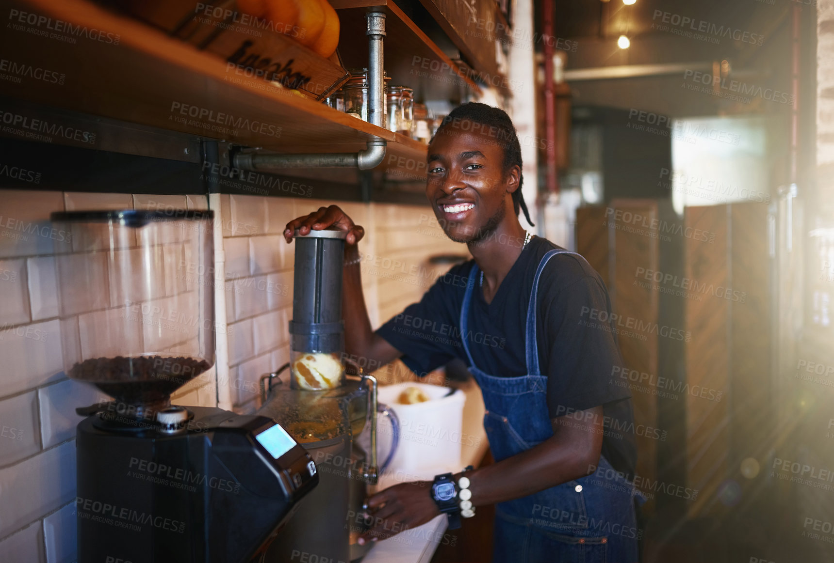 Buy stock photo Happy, coffee shop and portrait of black man in cafe for serving caffeine, drinks and beverage for small business. Restaurant, hospitality and confident waiter by counter for service, help or welcome