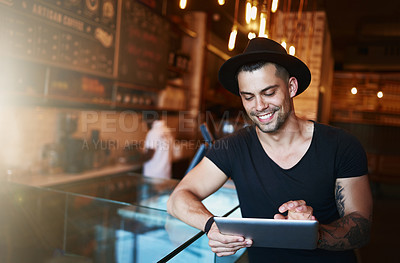 Buy stock photo Tablet, man and coffee shop portrait with writer and freelancer working on article or blog. Smile, restaurant and tech with copywriting and morning with remote job at cafe with internet and planning